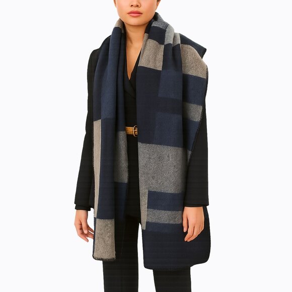 Vintage Burberry Blanket Scarf Shawl Cape Giant Check Cashmere Modal Navy Taupe - Picture 1 of 13